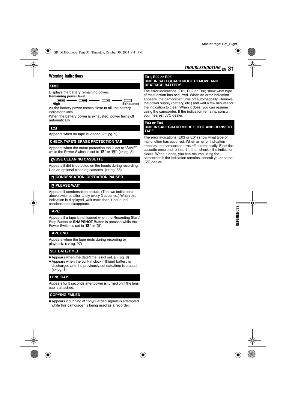 Warning indications, Pg. 31), Pg. 31 | JVC Digital Video Camera GR-D24 User Manual | Page 31 / 40