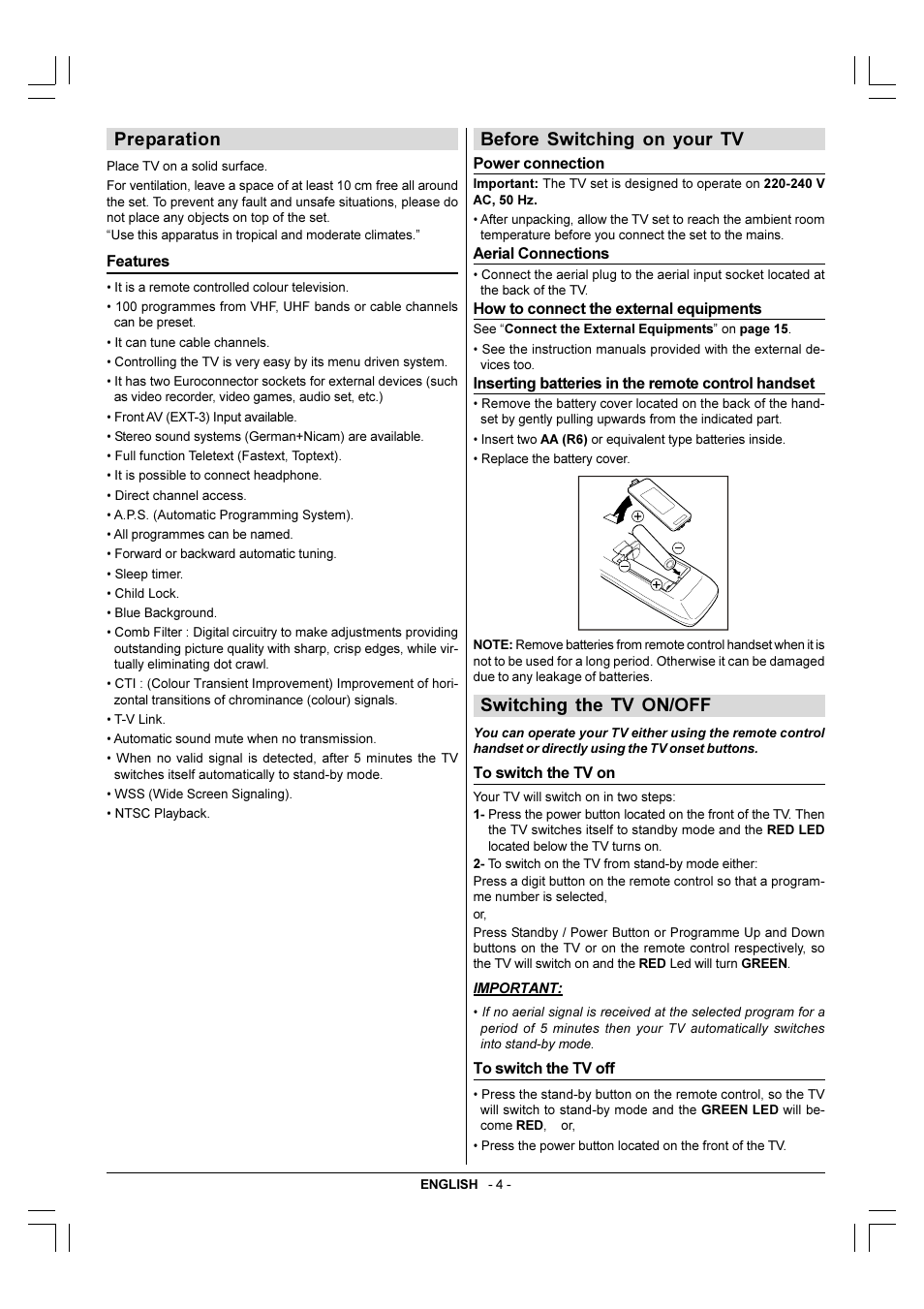 Preparation, Before switching on your tv, Seitching the tv on/off | Switching the tv on/off | JVC 50051243 User Manual | Page 5 / 17