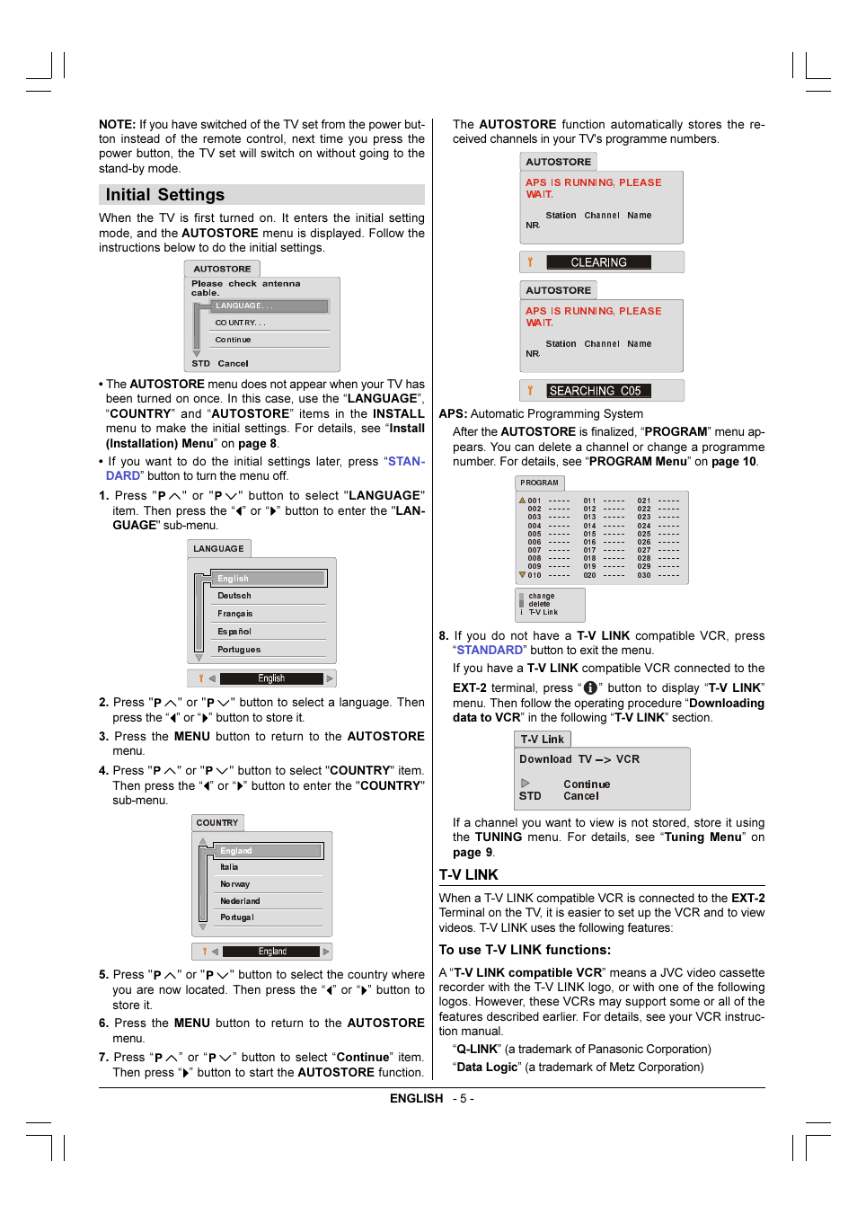 Initial settings, T-v link | JVC 50051243 User Manual | Page 6 / 17