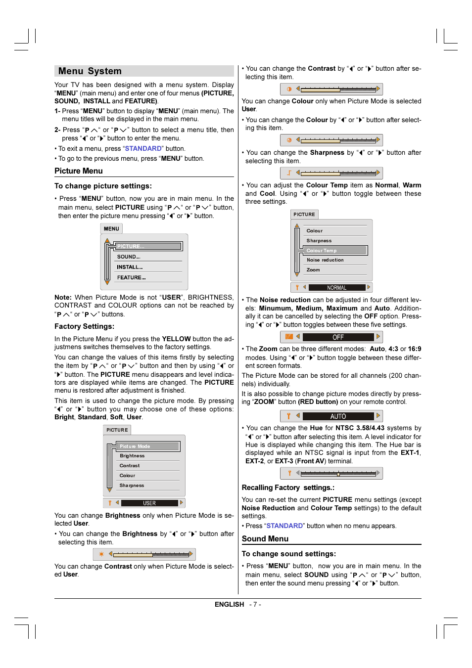 Menu system, Picture menu, Sound menu | JVC 50051243 User Manual | Page 8 / 17