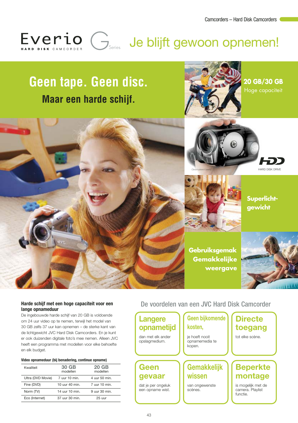 Je blijft gewoon opnemen, Geen tape. geen disc, Maar een harde schijf | Langere opnametijd, Directe toegang, Geen gevaar, Gemakkelijk wissen, Beperkte montage, De voordelen van een jvc hard disk camcorder, Geen bijkomende kosten | JVC STYLE GR-D360 User Manual | Page 12 / 26