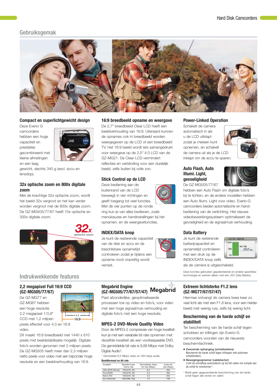 Gebruiksgemak, Indrukwekkende features, Hard disk camcorders | Mpeg-2 dvd-movie quality video, Bescherming van de harde schijf en stabiliteit, Compact en superlichtgewicht design, 9 breedbeeld opname en weergave, Stick control op de lcd, Index/data knop, Power-linked operation | JVC STYLE GR-D360 User Manual | Page 13 / 26