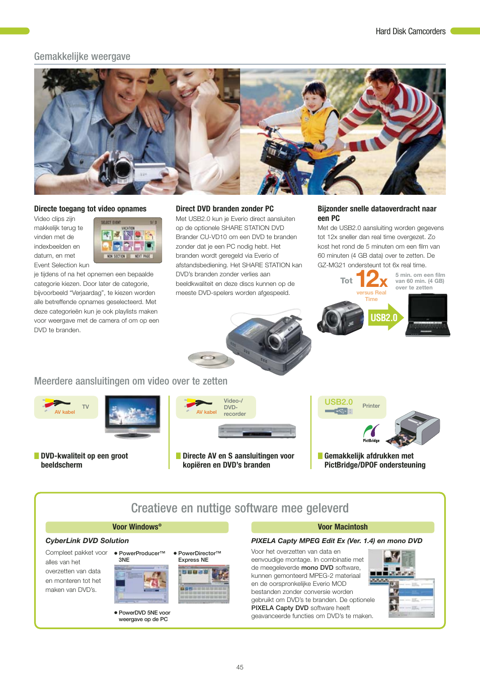Creatieve en nuttige software mee geleverd, Gemakkelijke weergave, Meerdere aansluitingen om video over te zetten | Usb2.0 | JVC STYLE GR-D360 User Manual | Page 14 / 26