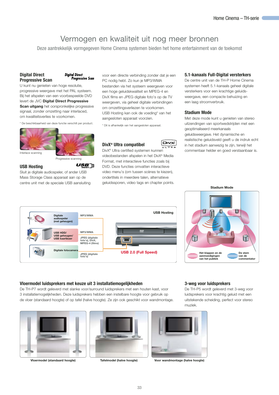 Vermogen en kwaliteit uit nog meer bronnen, Home cinema – th-serie, Divx | Ultra compatibel, Digital direct progressive scan, Usb hosting, Kanaals full-digital versterkers, Stadium mode, Weg voor luidsprekers | JVC STYLE GR-D360 User Manual | Page 2 / 26