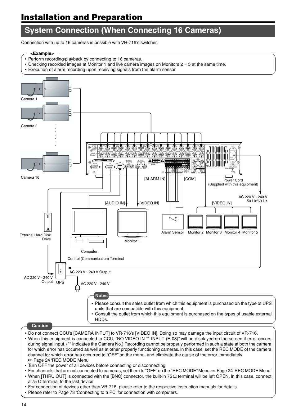 Installation and preparation, System connection (when connecting 16 cameras), Example | Video in, Video in] [audio in] ups [alarm in] [com | JVC VR-716E User Manual | Page 14 / 118
