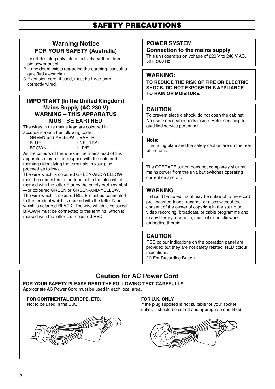 Safety precautions, Warning notice, Caution for ac power cord | JVC VR-716E User Manual | Page 2 / 118