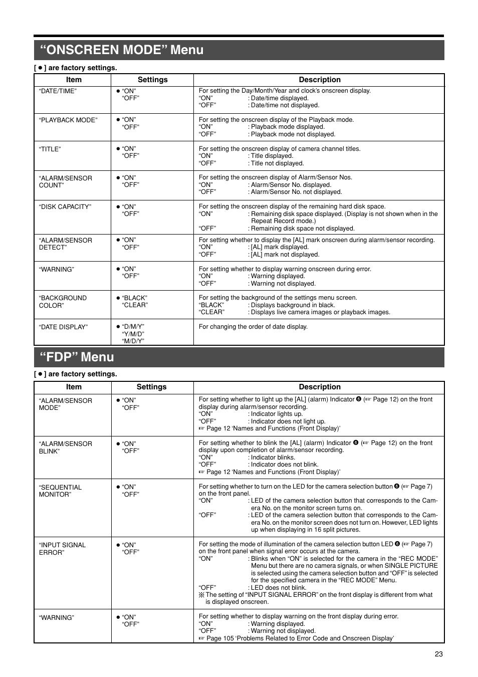 Onscreen mode” menu, Fdp” menu | JVC VR-716E User Manual | Page 23 / 118