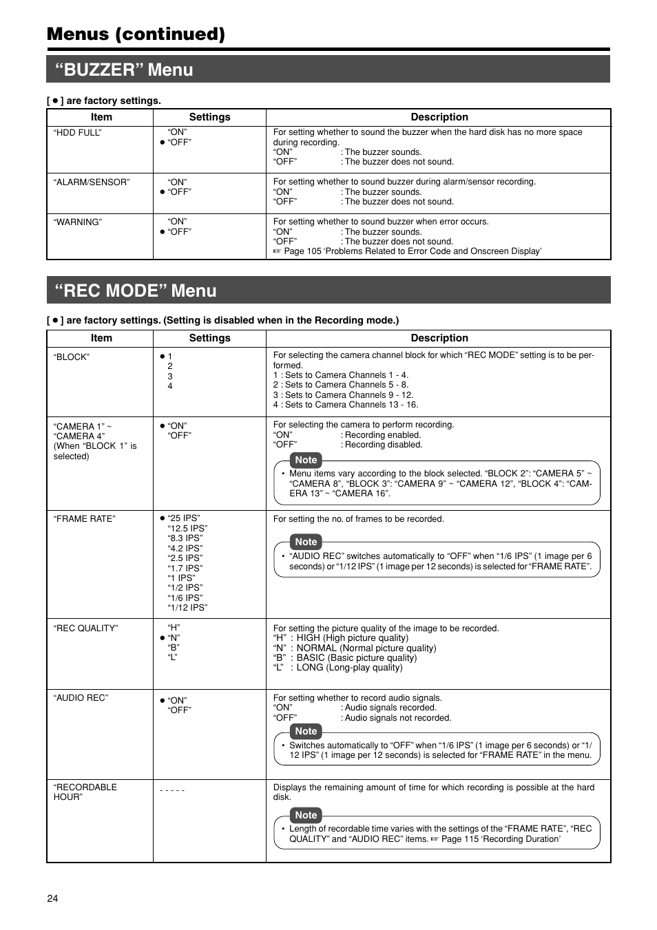 Menus (continued) “buzzer” menu, Rec mode” menu | JVC VR-716E User Manual | Page 24 / 118