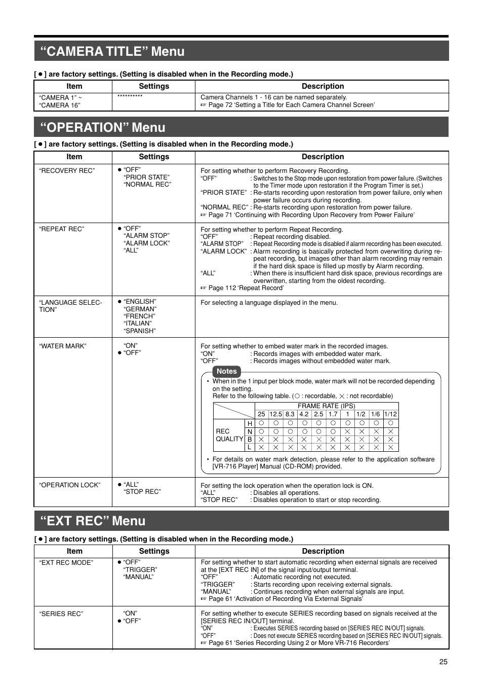 Camera title” menu, Operation” menu, Ext rec” menu | JVC VR-716E User Manual | Page 25 / 118