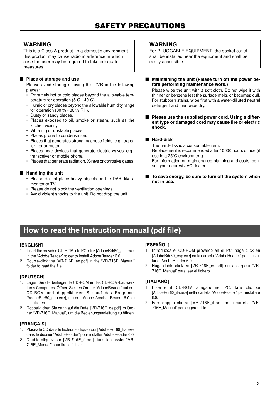 How to read the instruction manual (pdf file), Safety precautions, Warning | JVC VR-716E User Manual | Page 3 / 118