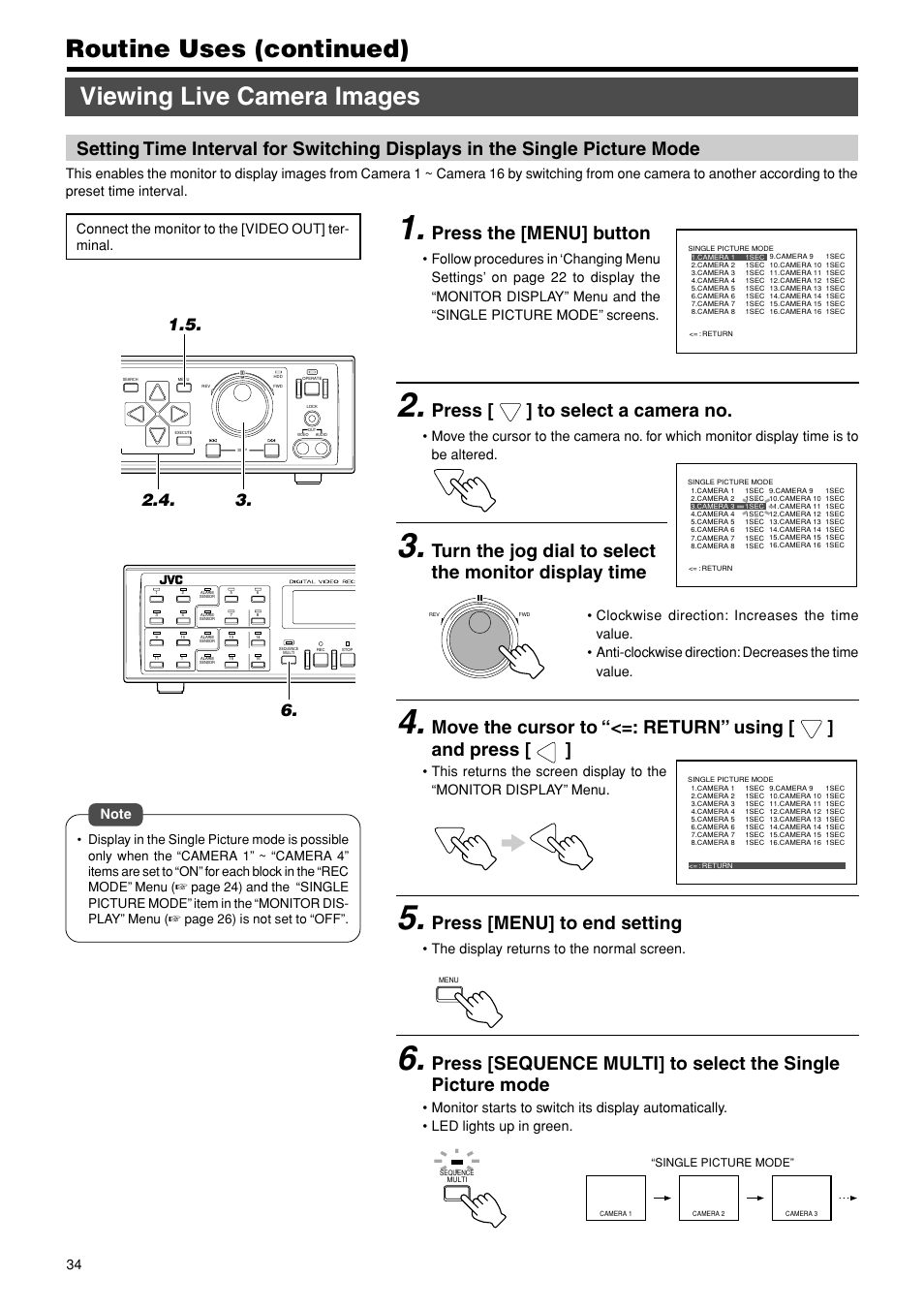 Press the [menu] button, Press [ ] to select a camera no, Press [menu] to end setting | JVC VR-716E User Manual | Page 34 / 118