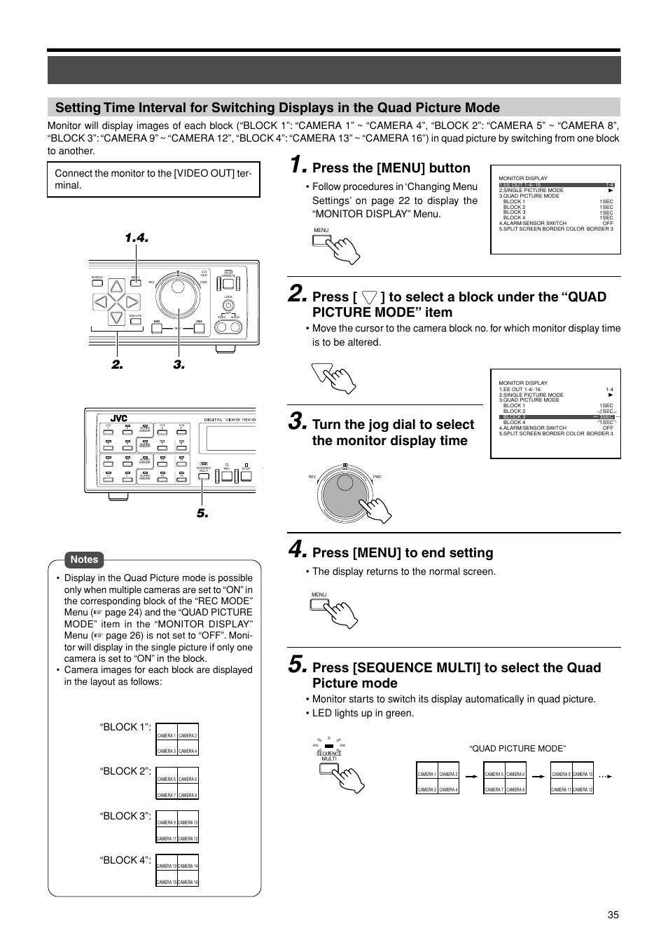 Press the [menu] button, Press [menu] to end setting, Connect the monitor to the [video out] ter- minal | The display returns to the normal screen | JVC VR-716E User Manual | Page 35 / 118