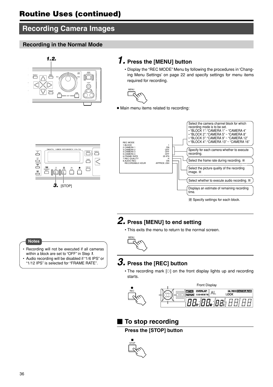 Recording camera images, Recording in the normal mode, Routine uses (continued) recording camera images | Press [menu] to end setting, Press the [rec] button, Press the [menu] button, Press the [stop] button, This exits the menu to return to the normal screen | JVC VR-716E User Manual | Page 36 / 118