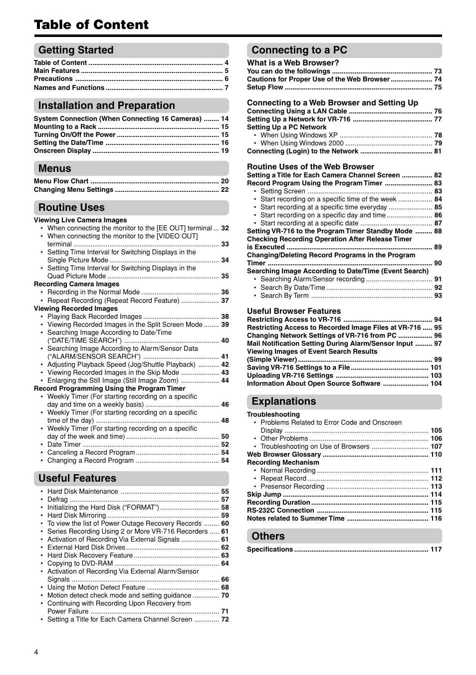 Table of content, Getting started, Installation and preparation | Menus, Routine uses, Useful features, Connecting to a pc, Explanations, Others | JVC VR-716E User Manual | Page 4 / 118