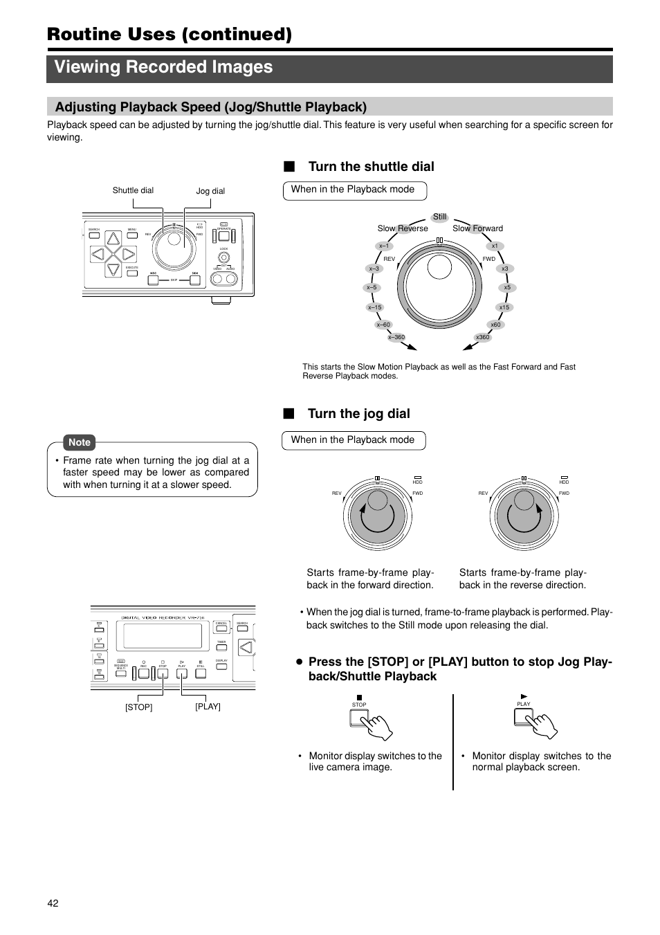 Adjusting playback speed (jog/shuttle playback), Routine uses (continued) viewing recorded images, Turn the shuttle dial | Turn the jog dial | JVC VR-716E User Manual | Page 42 / 118
