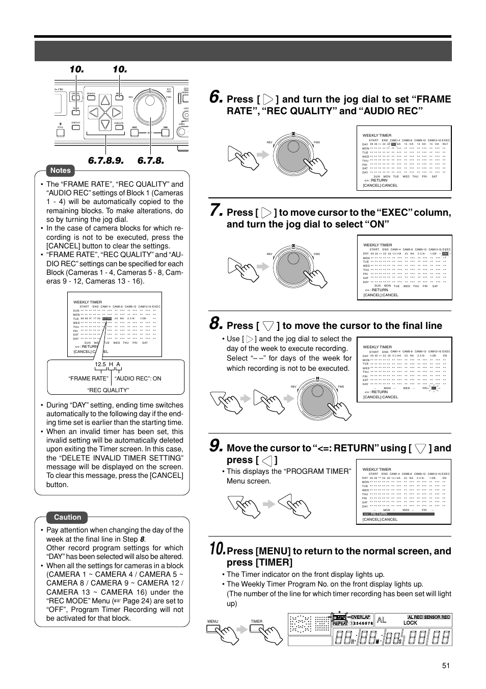 Press [ ] to move the cursor to the final line, This displays the “program timer” menu screen, 5 h a “frame rate” “rec quality” “audio rec”: on | JVC VR-716E User Manual | Page 51 / 118