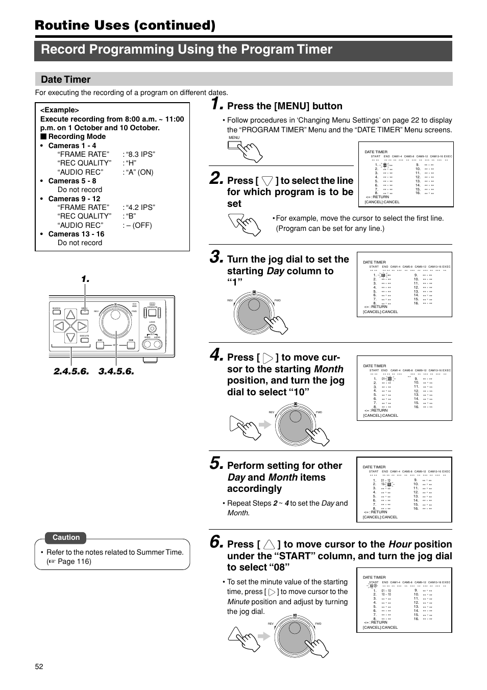 Date timer, Press the [menu] button, Repeat steps 2 ~ 4 to set the day and month | JVC VR-716E User Manual | Page 52 / 118