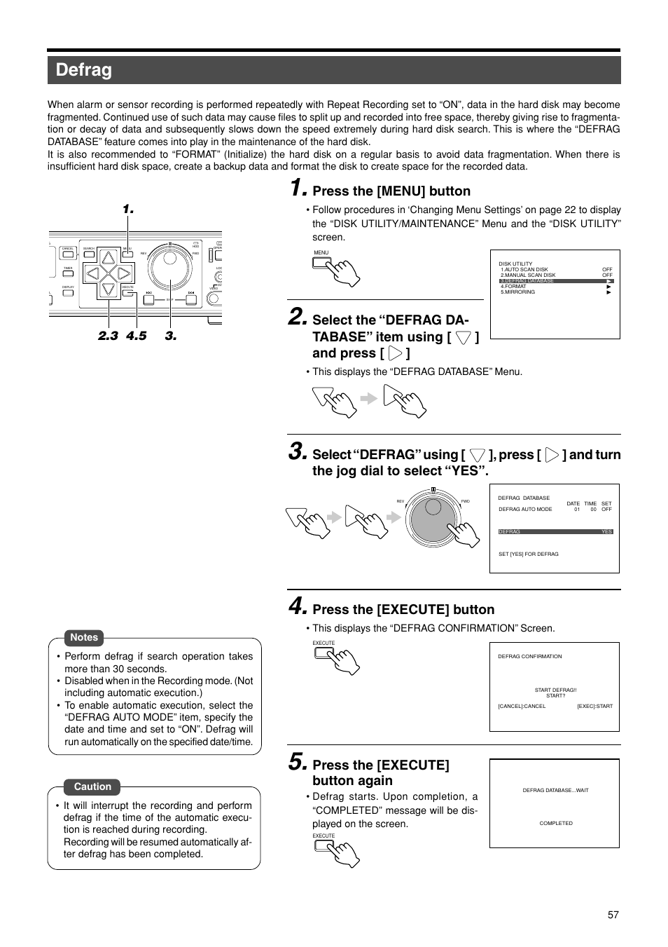 Defrag, Press the [menu] button, Press the [execute] button | Press the [execute] button again | JVC VR-716E User Manual | Page 57 / 118