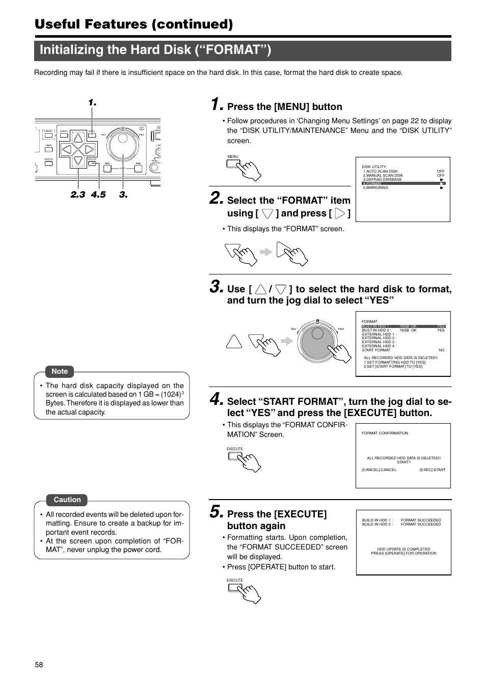 Initializing the hard disk (“format”), Useful features (continued), Press the [menu] button | Select the “format” item using [ ] and press, Press the [execute] button again | JVC VR-716E User Manual | Page 58 / 118