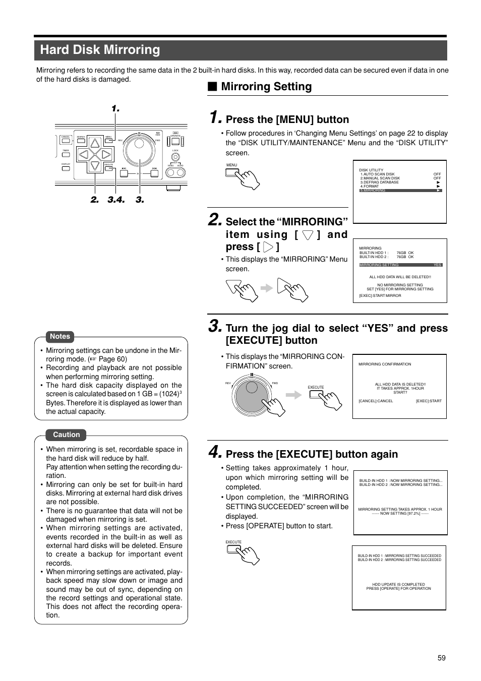 Hard disk mirroring, Mirroring setting, Press the [menu] button | Select the “mirroring” item using [ ] and press, Press the [execute] button again | JVC VR-716E User Manual | Page 59 / 118