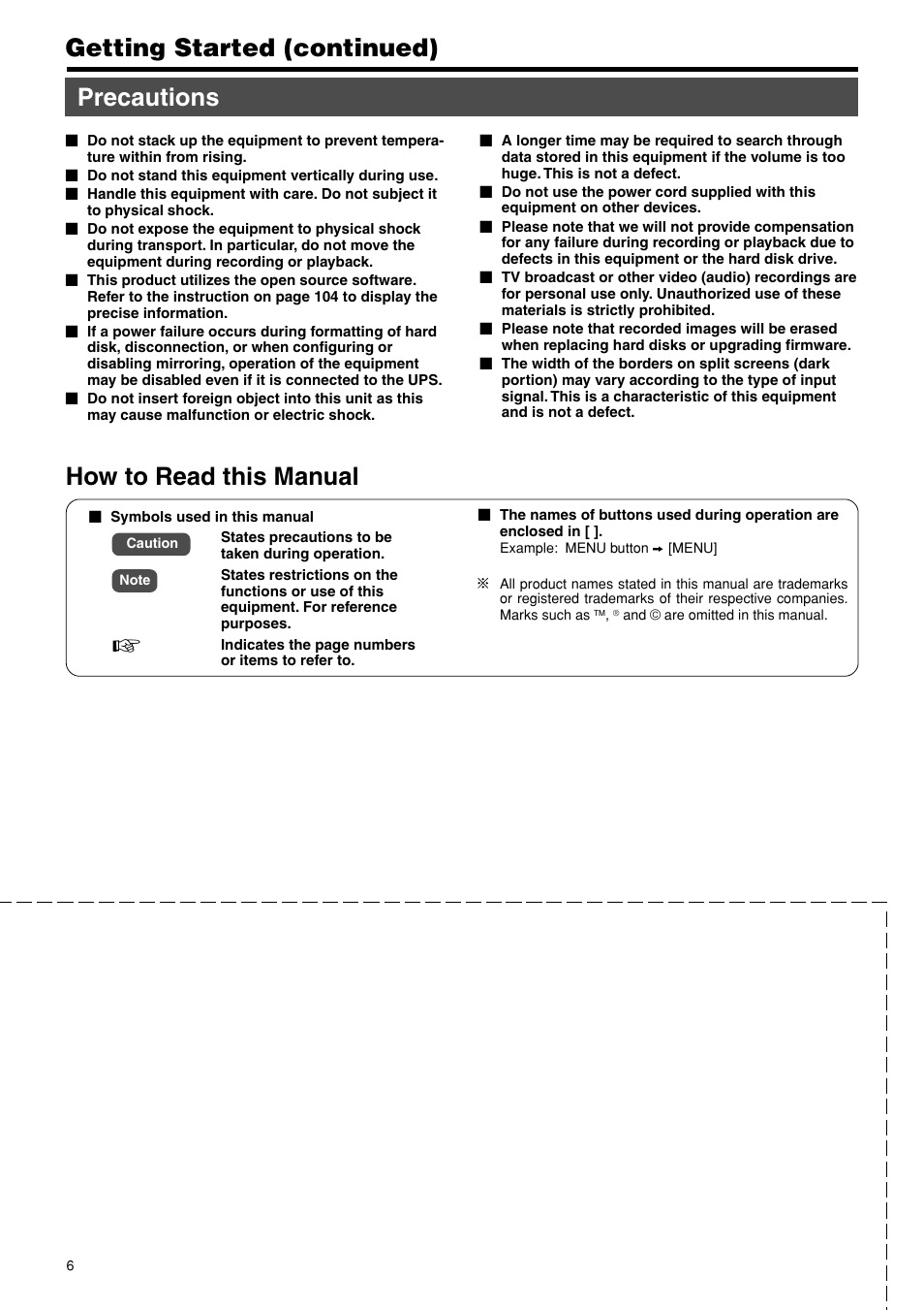 Precautions, How to read this manual, Getting started (continued) | JVC VR-716E User Manual | Page 6 / 118