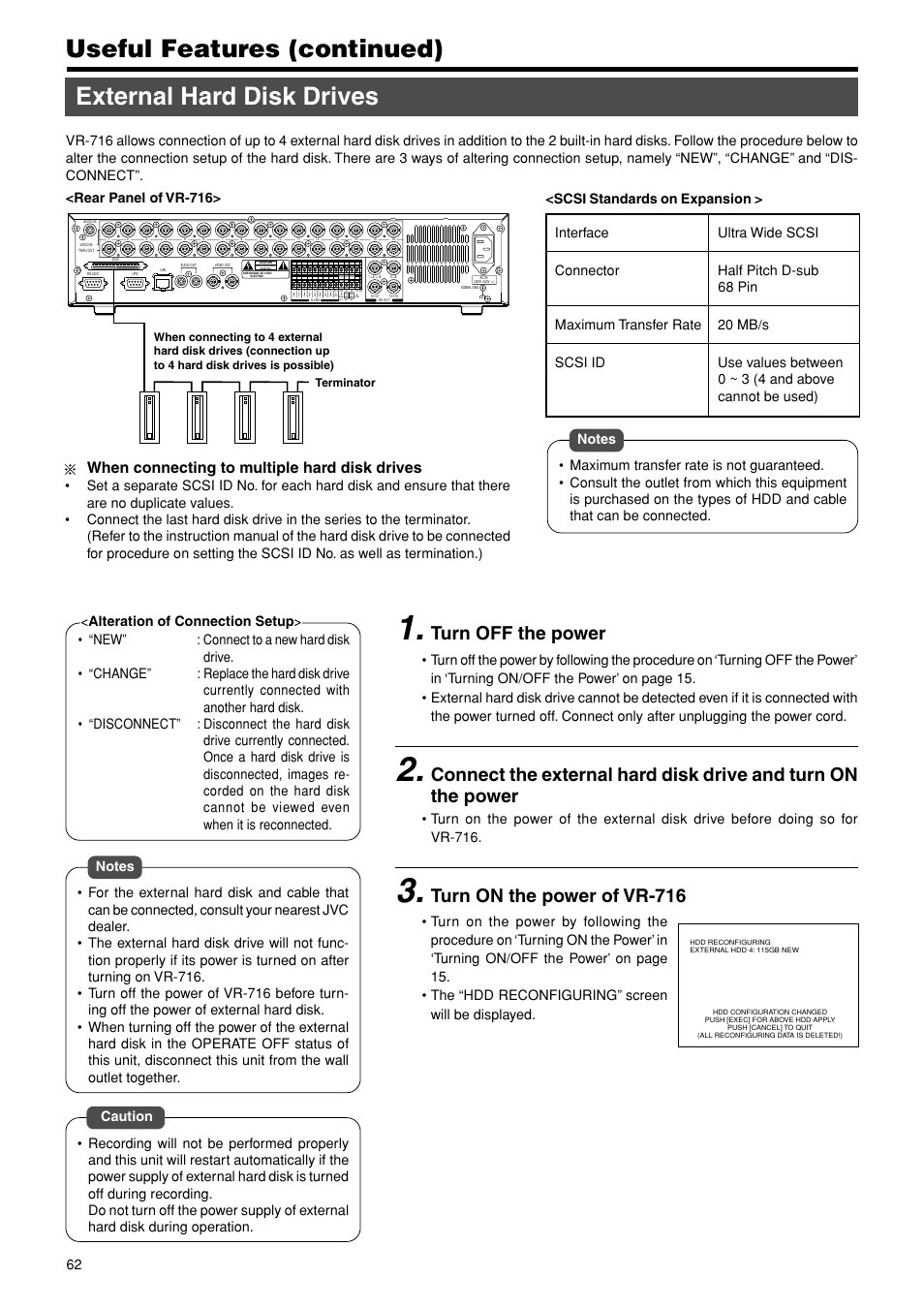 External hard disk drives, Useful features (continued), Turn off the power | Turn on the power of vr-716, When connecting to multiple hard disk drives | JVC VR-716E User Manual | Page 62 / 118