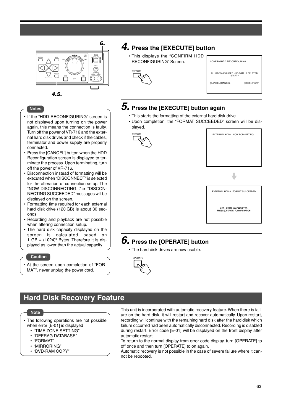 Hard disk recovery feature, Press the [execute] button, Press the [execute] button again | Press the [operate] button | JVC VR-716E User Manual | Page 63 / 118