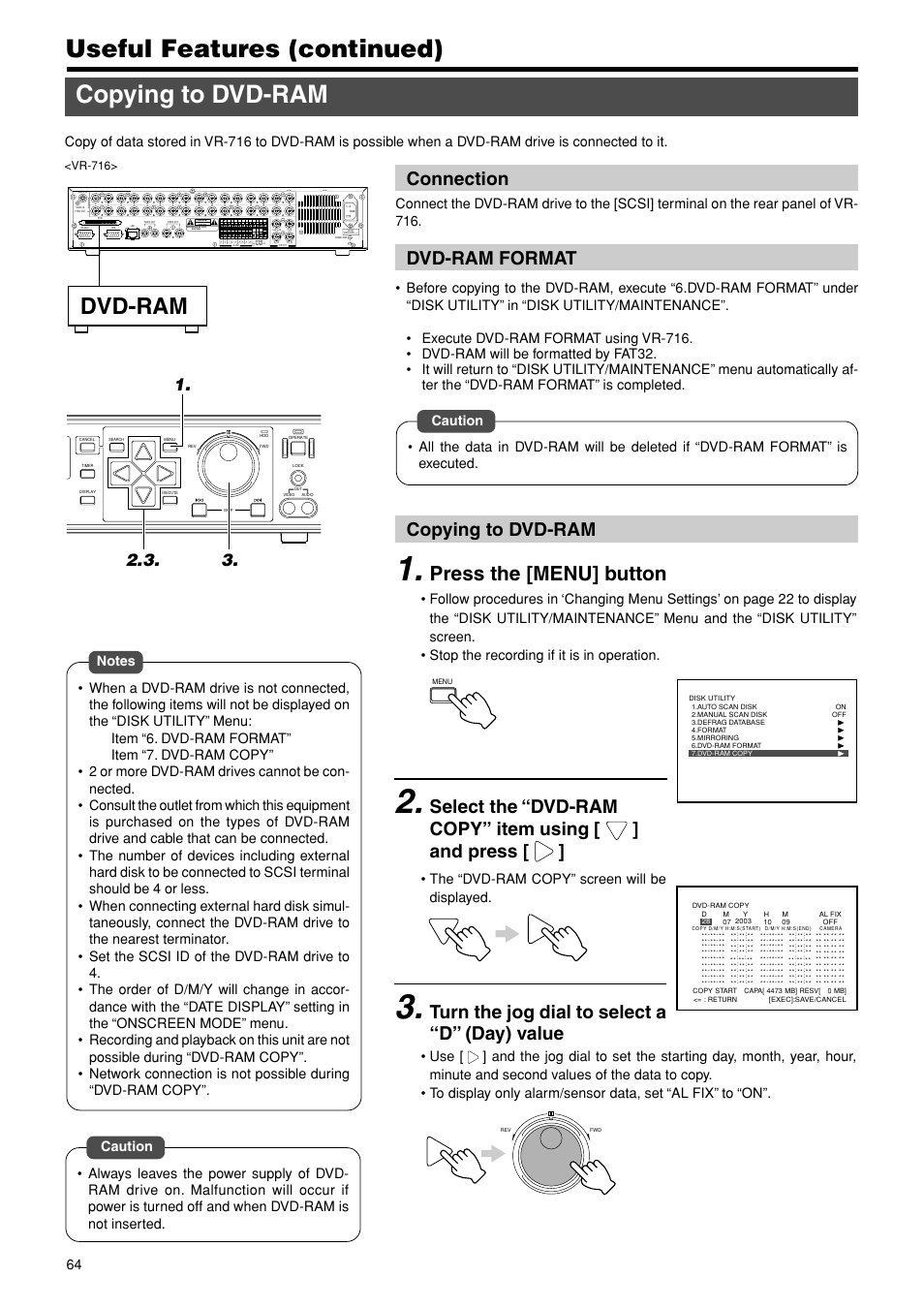 Copying to dvd-ram, Copying to dvd-ram useful features (continued), Dvd-ram | Press the [menu] button, Select the “dvd-ram copy” item using [ ] and press, Turn the jog dial to select a “d” (day) value, Connection, Dvd-ram format, Risk of electric shock do not open, The “dvd-ram copy” screen will be displayed | JVC VR-716E User Manual | Page 64 / 118