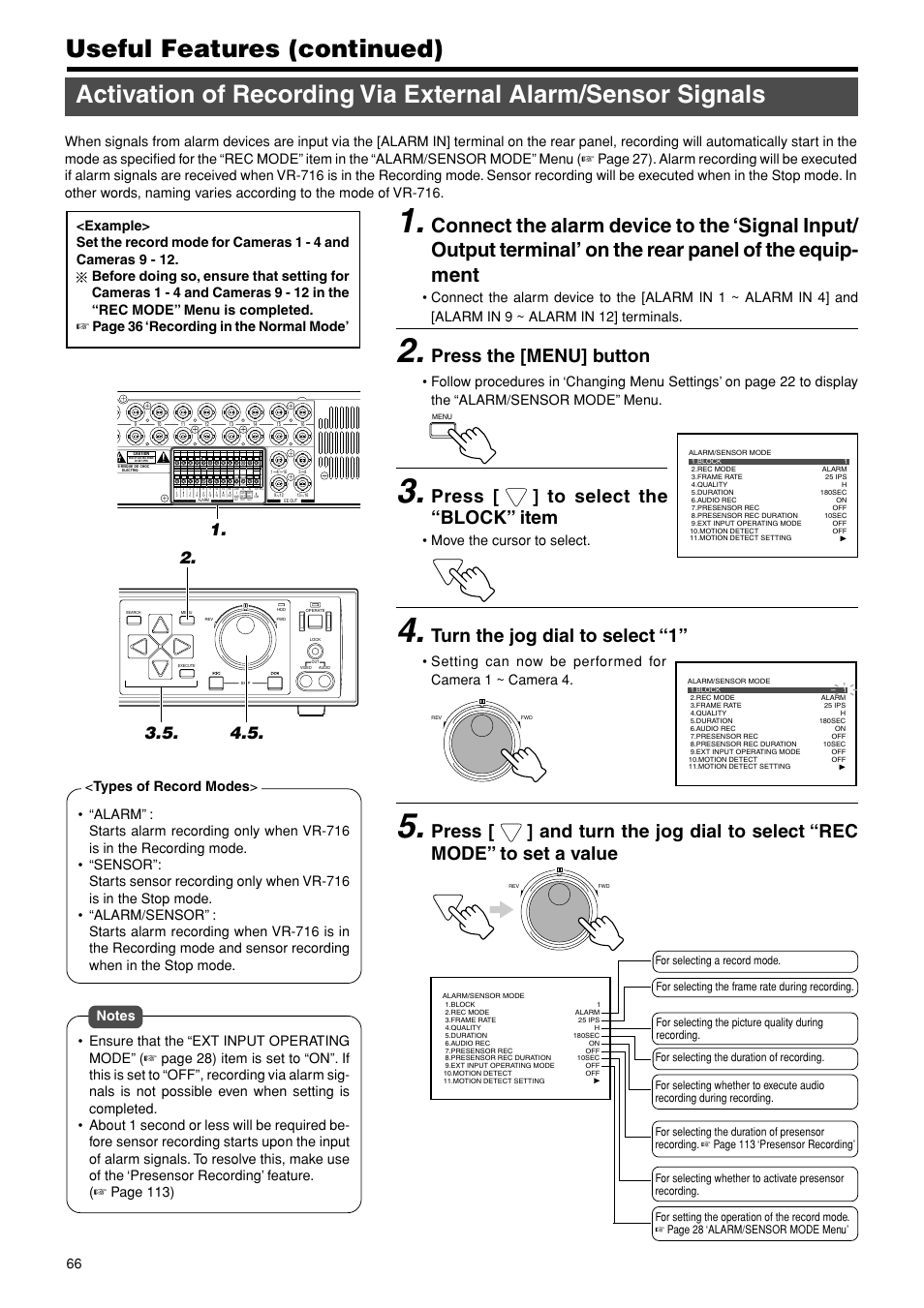 Press the [menu] button, Press [ ] to select the “block” item, Turn the jog dial to select “1 | Move the cursor to select | JVC VR-716E User Manual | Page 66 / 118