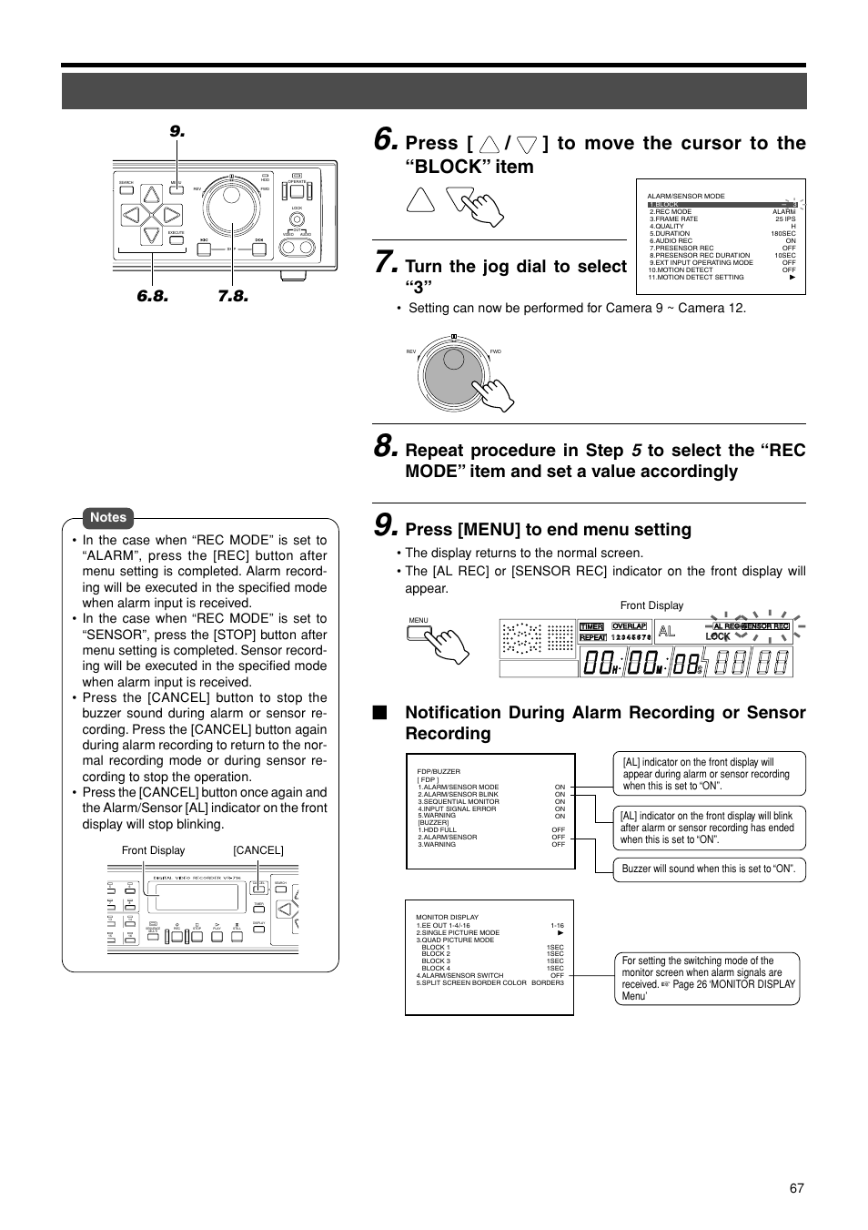 Press [ / ] to move the cursor to the “block” item, Turn the jog dial to select “3, Press [menu] to end menu setting | JVC VR-716E User Manual | Page 67 / 118