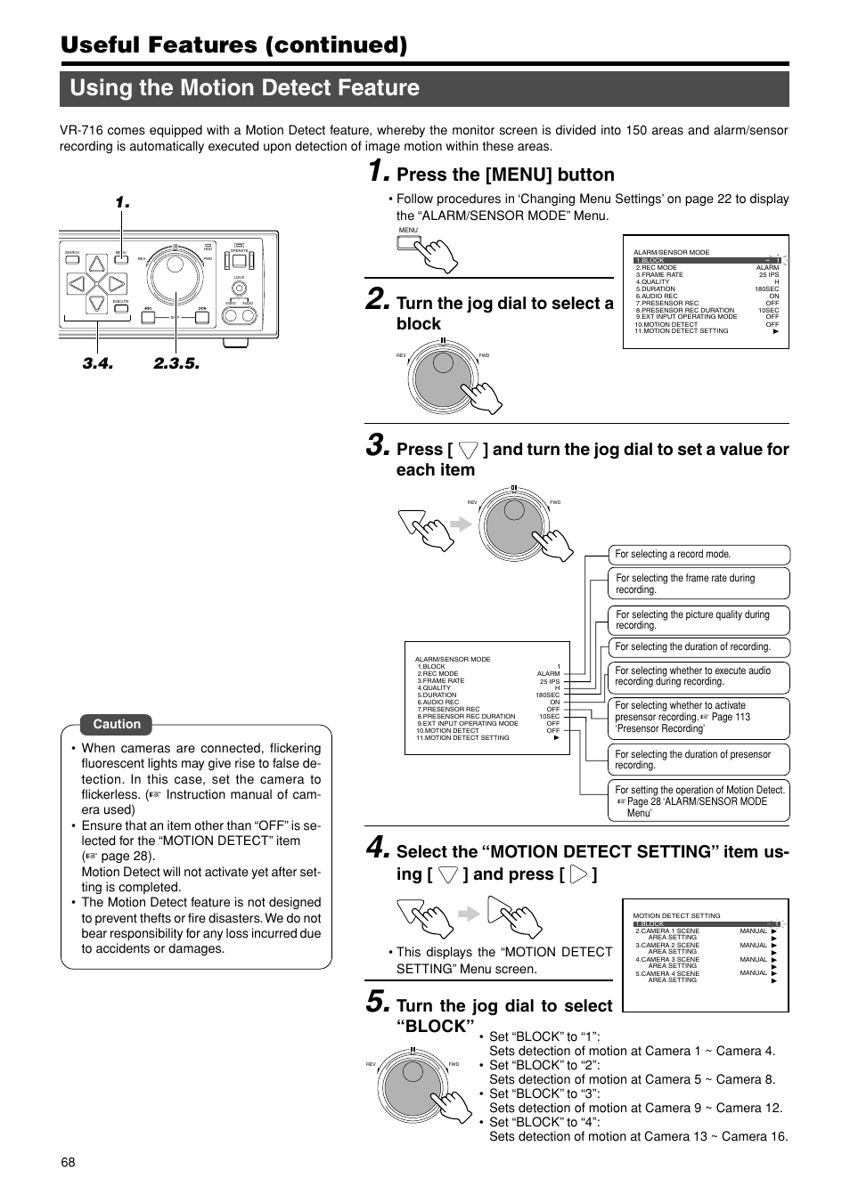 Using the motion detect feature, Press the [menu] button, Turn the jog dial to select a block | Turn the jog dial to select “block | JVC VR-716E User Manual | Page 68 / 118