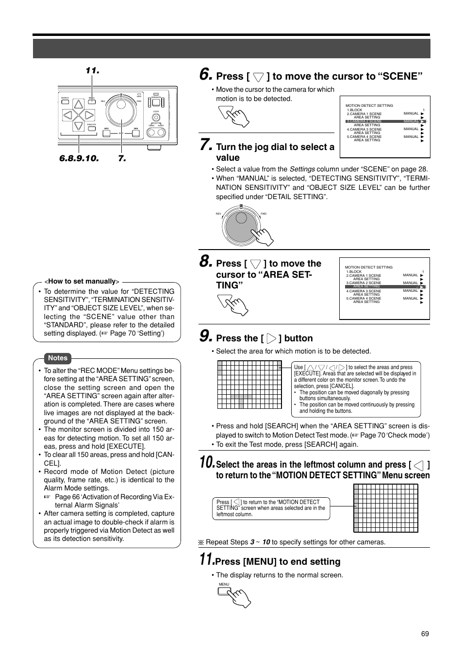 Press [ ] to move the cursor to “scene, Turn the jog dial to select a value, Press [ ] to move the cursor to “area set- ting | Press the [ ] button, Press [menu] to end setting | JVC VR-716E User Manual | Page 69 / 118
