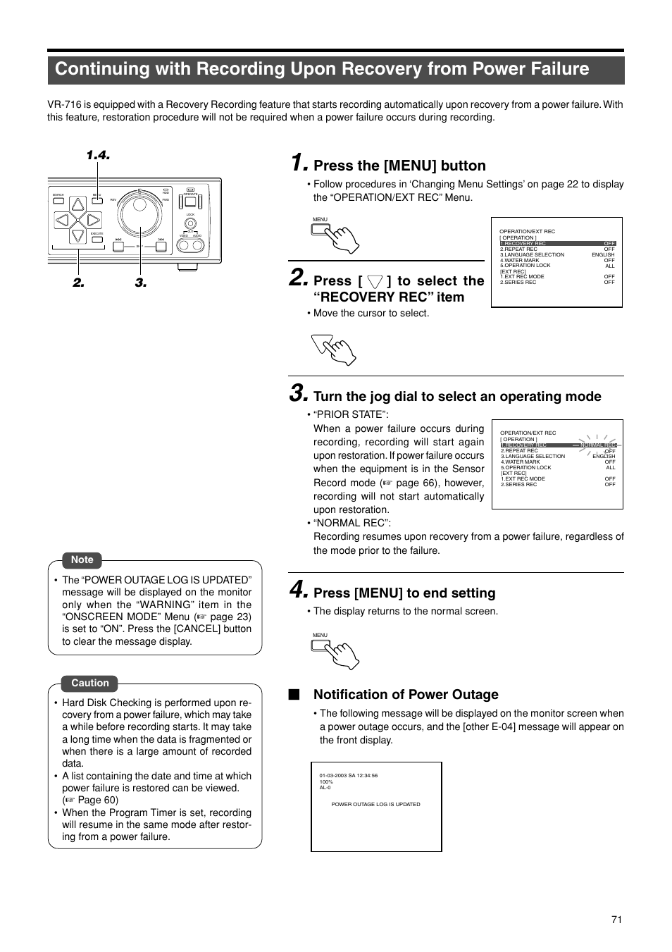 Press the [menu] button, Press [ ] to select the “recovery rec” item, Turn the jog dial to select an operating mode | Press [menu] to end setting, Notification of power outage | JVC VR-716E User Manual | Page 71 / 118