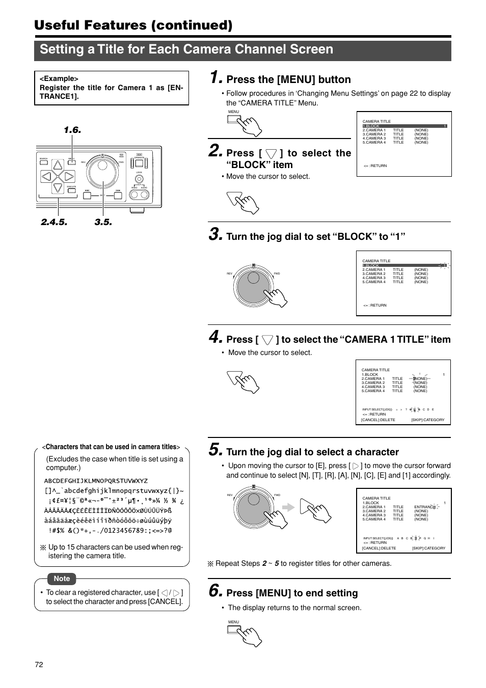 Setting a title for each camera channel screen, Useful features (continued), Press the [menu] button | Press [ ] to select the “block” item, Turn the jog dial to set “block” to “1, Press [ ] to select the “camera 1 title” item, Turn the jog dial to select a character, Press [menu] to end setting | JVC VR-716E User Manual | Page 72 / 118