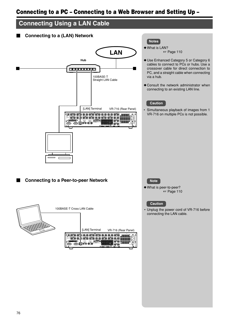 Connecting to a web browser and setting up, Connecting using a lan cable, Connecting to a (lan) network | Connecting to a peer-to-peer network, Risk of electric shock do not open, Caution | JVC VR-716E User Manual | Page 76 / 118
