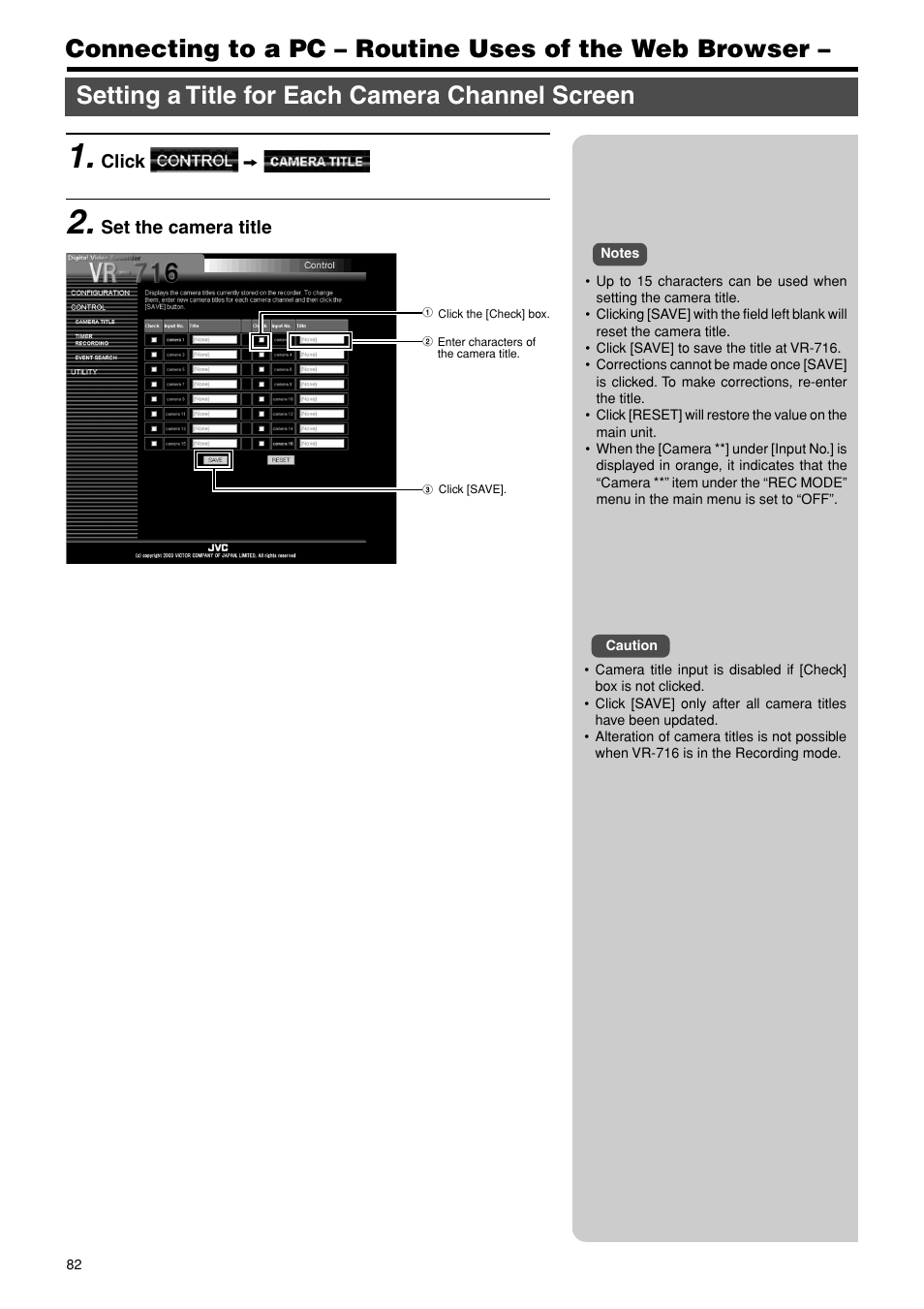 Routine uses of the web browser, Setting a title for each camera channel screen | JVC VR-716E User Manual | Page 82 / 118