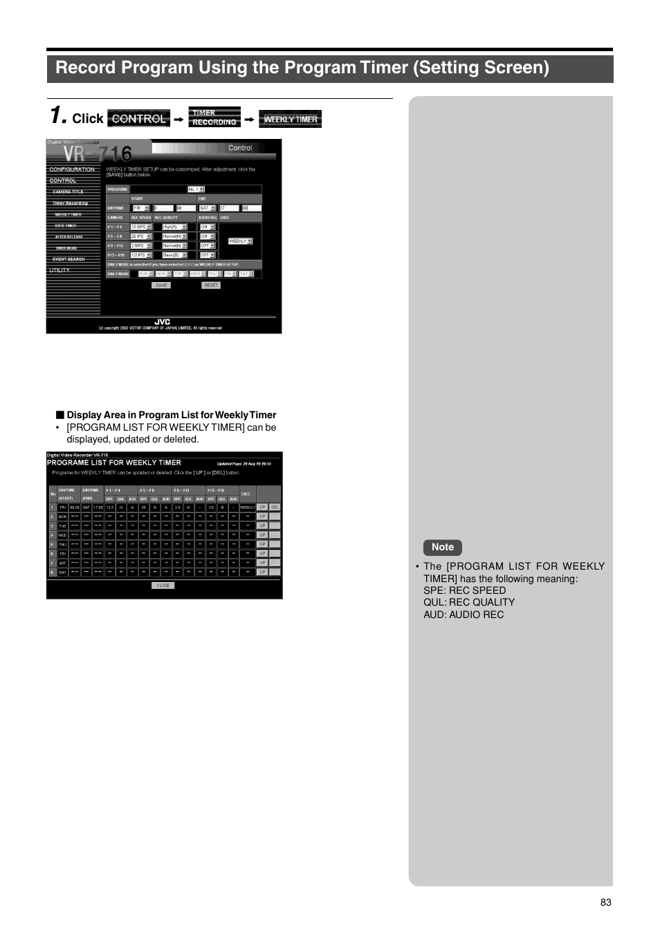 Record program using the program timer, Setting screen | JVC VR-716E User Manual | Page 83 / 118