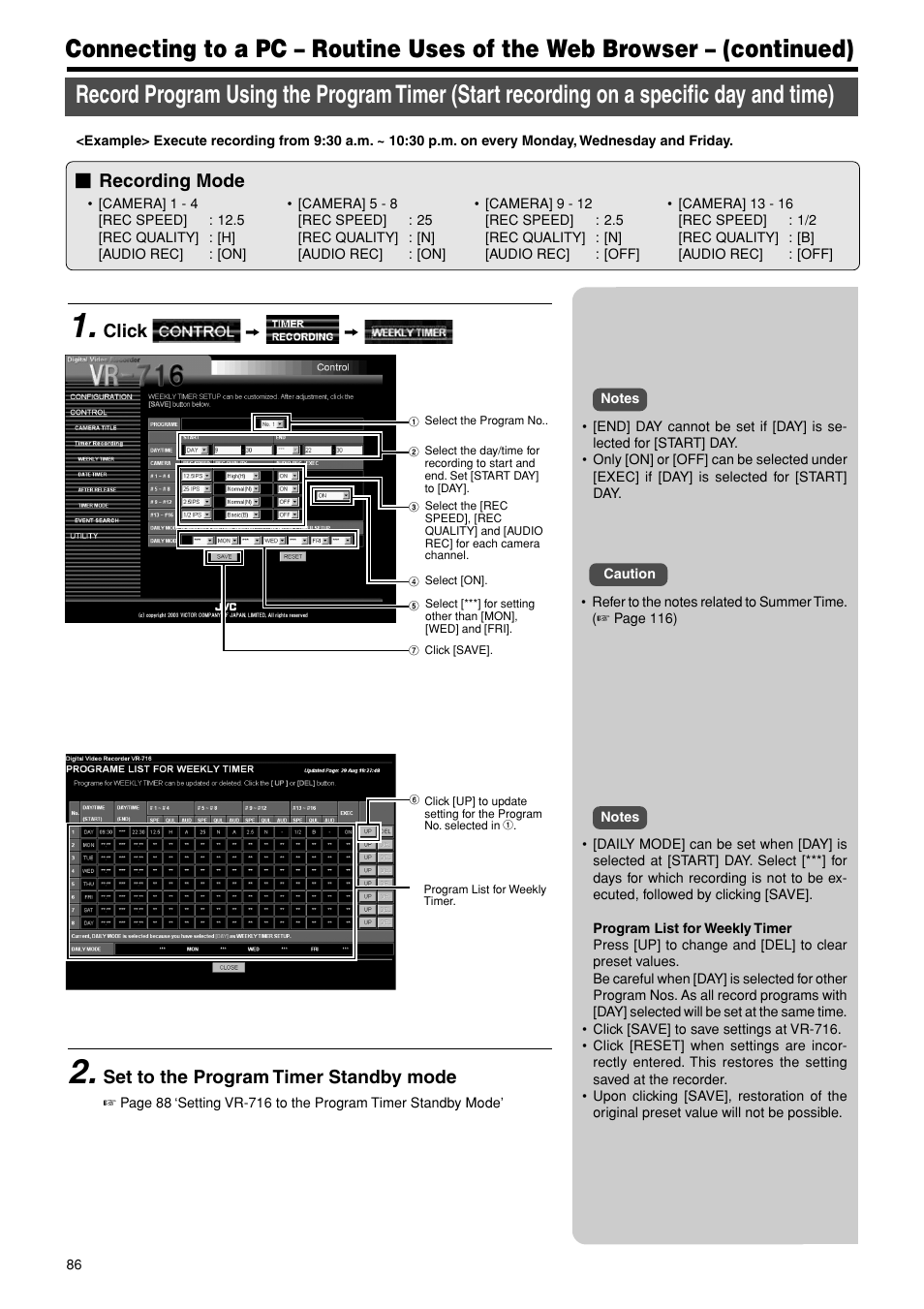 Start recording on a specific day and time, Recording mode, Click z z | Set to the program timer standby mode | JVC VR-716E User Manual | Page 86 / 118