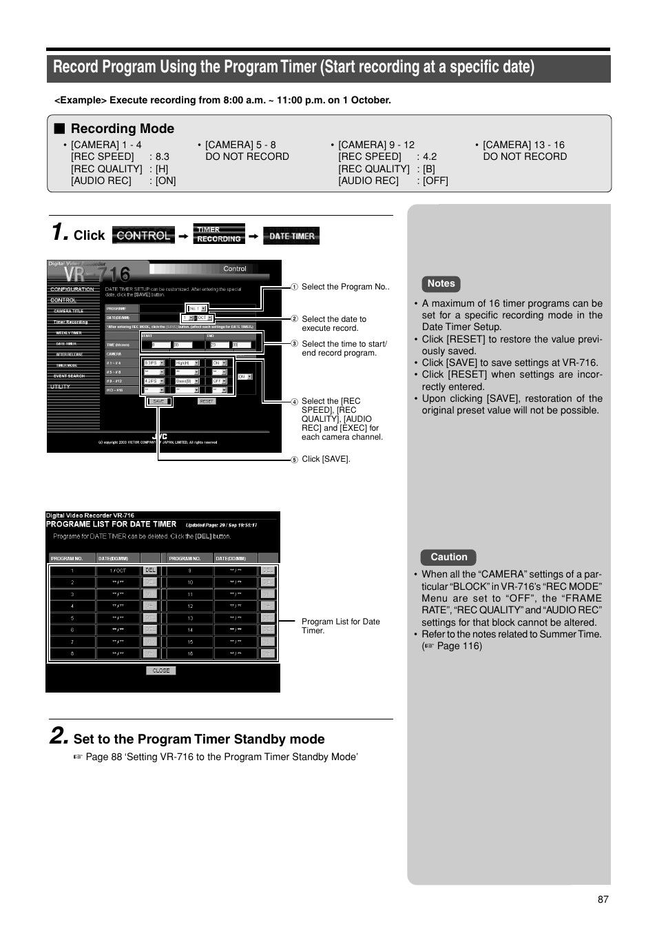 Start recording at a specific date, Recording mode, Click z z | Set to the program timer standby mode | JVC VR-716E User Manual | Page 87 / 118