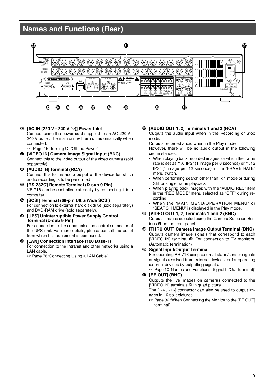 Names and functions (rear), Video in] camera image signal input (bnc), Audio in] terminal (rca) | Rs-232c] remote terminal (d-sub 9 pin), Scsi] terminal (68-pin ultra wide scsi), FL [lan] connection interface (100 base-t), Audio out 1, 2] terminals 1 and 2 (rca), Video out 1, 2] terminals 1 and 2 (bnc), Thru out] camera image output terminal (bnc), Signal input/output terminal | JVC VR-716E User Manual | Page 9 / 118