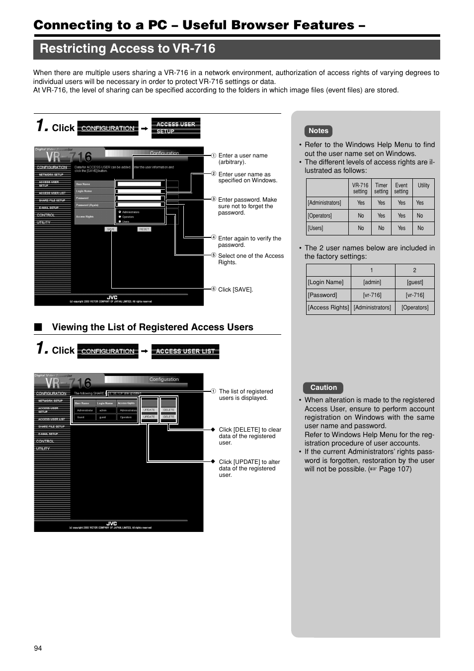 Useful browser features, Restricting access to vr-716, Connecting to a pc – useful browser features | Click z | JVC VR-716E User Manual | Page 94 / 118