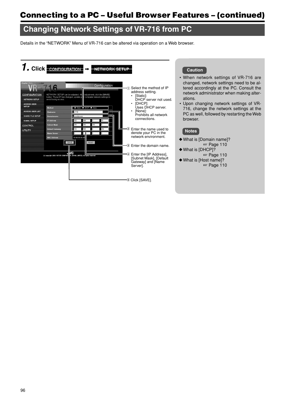Changing network settings of vr-716 from pc, Click z | JVC VR-716E User Manual | Page 96 / 118