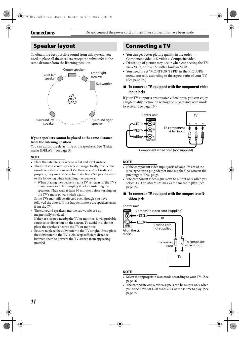 Speaker layout, Connecting a tv, Connections | JVC TH-G10 User Manual | Page 14 / 44