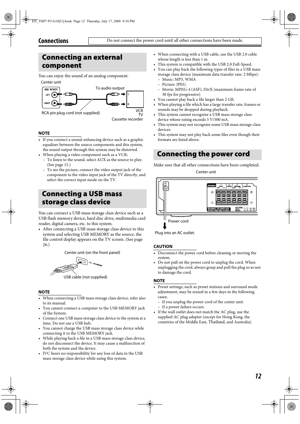 Connecting an external component, Connecting a usb mass storage class device, Connecting the power cord | Connections | JVC TH-G10 User Manual | Page 15 / 44