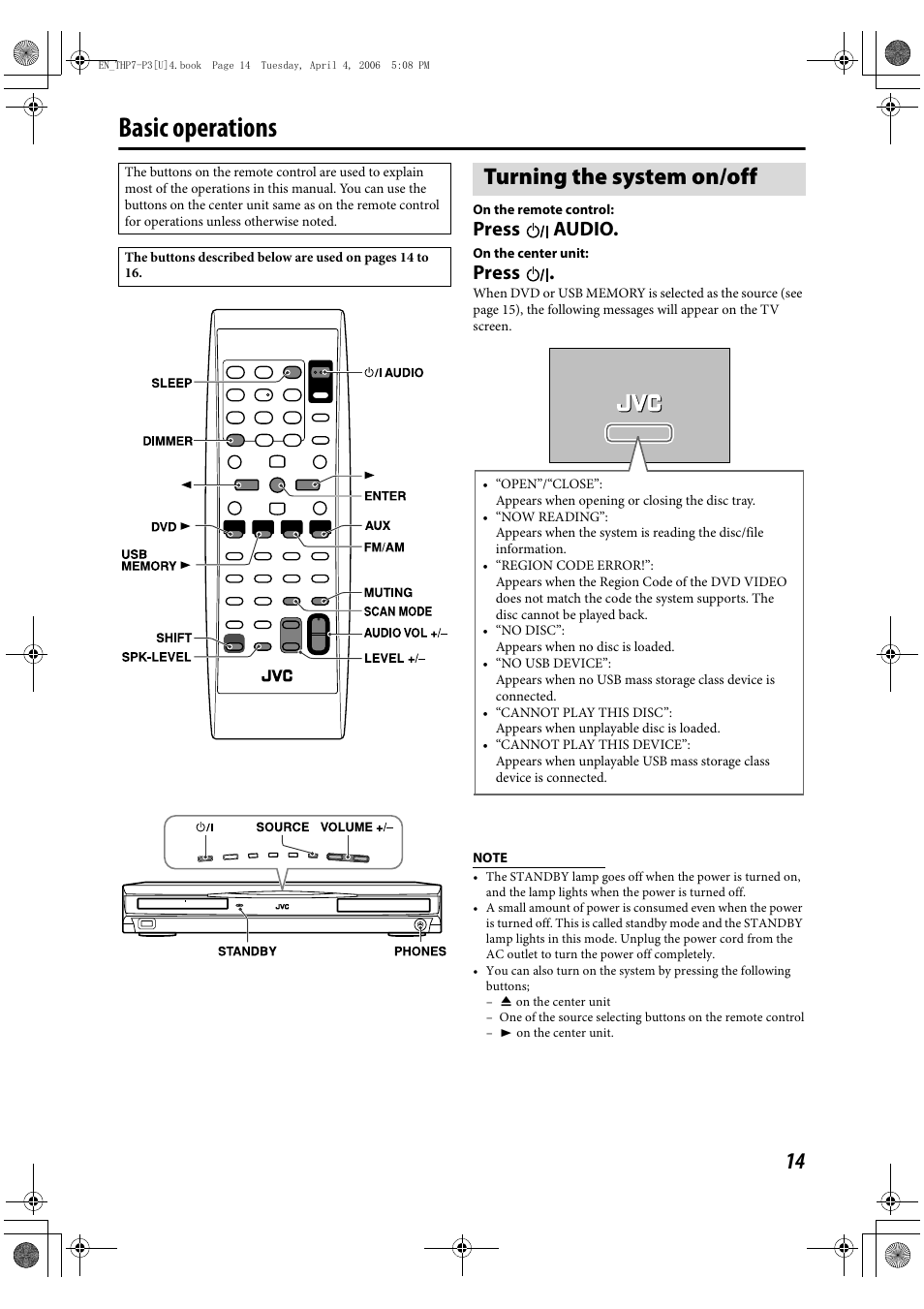 Basic operations, Turning the system on/off, Press audio | Press | JVC TH-G10 User Manual | Page 17 / 44