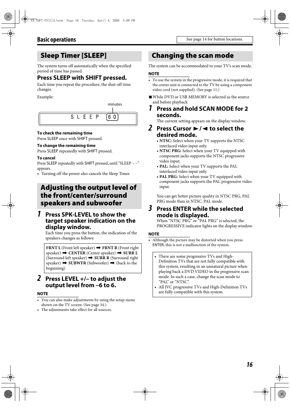 Sleep timer [sleep, Changing the scan mode, Basic operations | Press sleep with shift pressed, Press and hold scan mode for 2 seconds, Press cursor 3 / 2 to select the desired mode, Press enter while the selected mode is displayed | JVC TH-G10 User Manual | Page 19 / 44