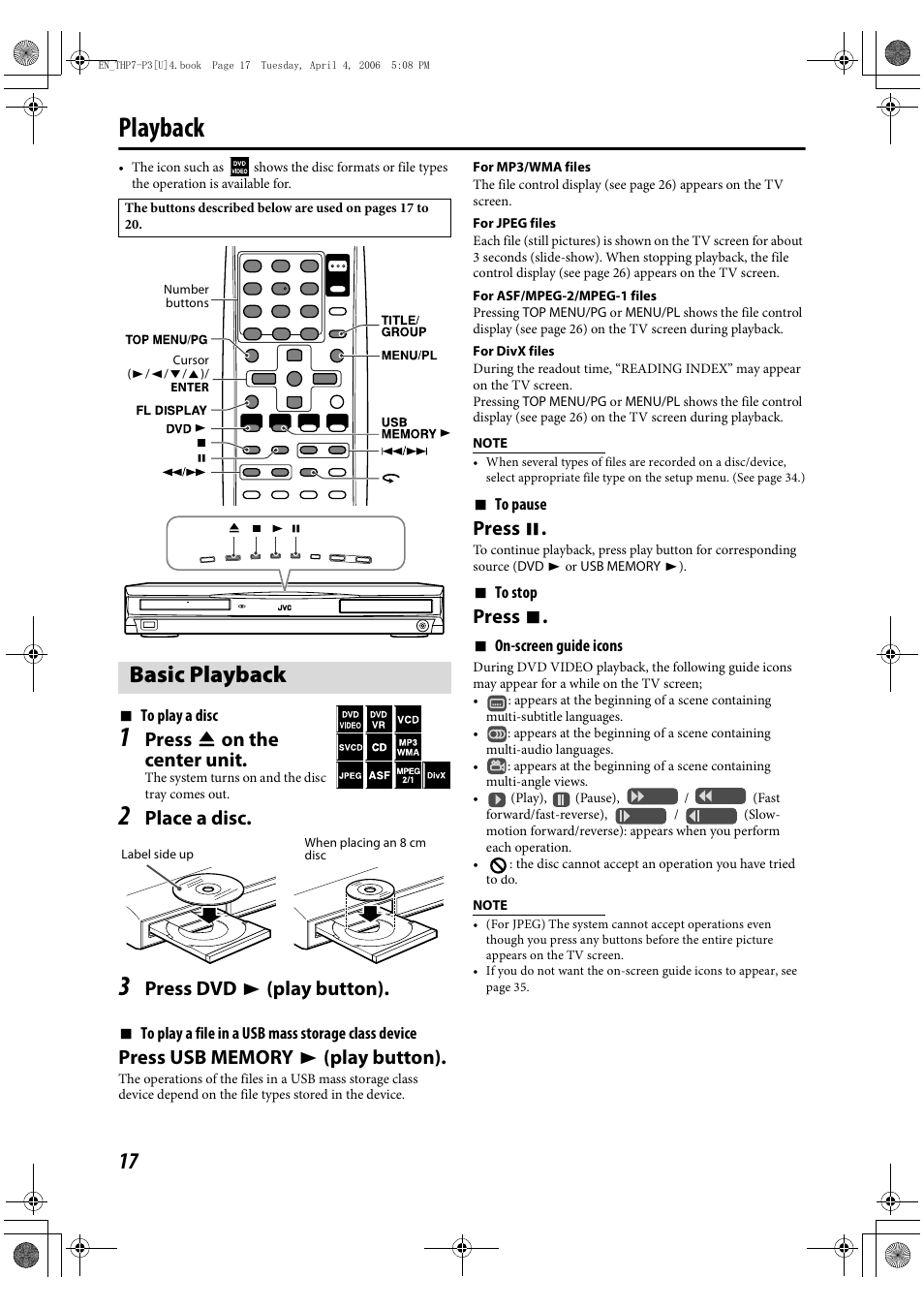 Playback, Basic playback, Press 0 on the center unit | Place a disc, Press dvd 3 (play button), Press 8, Press 7 | JVC TH-G10 User Manual | Page 20 / 44