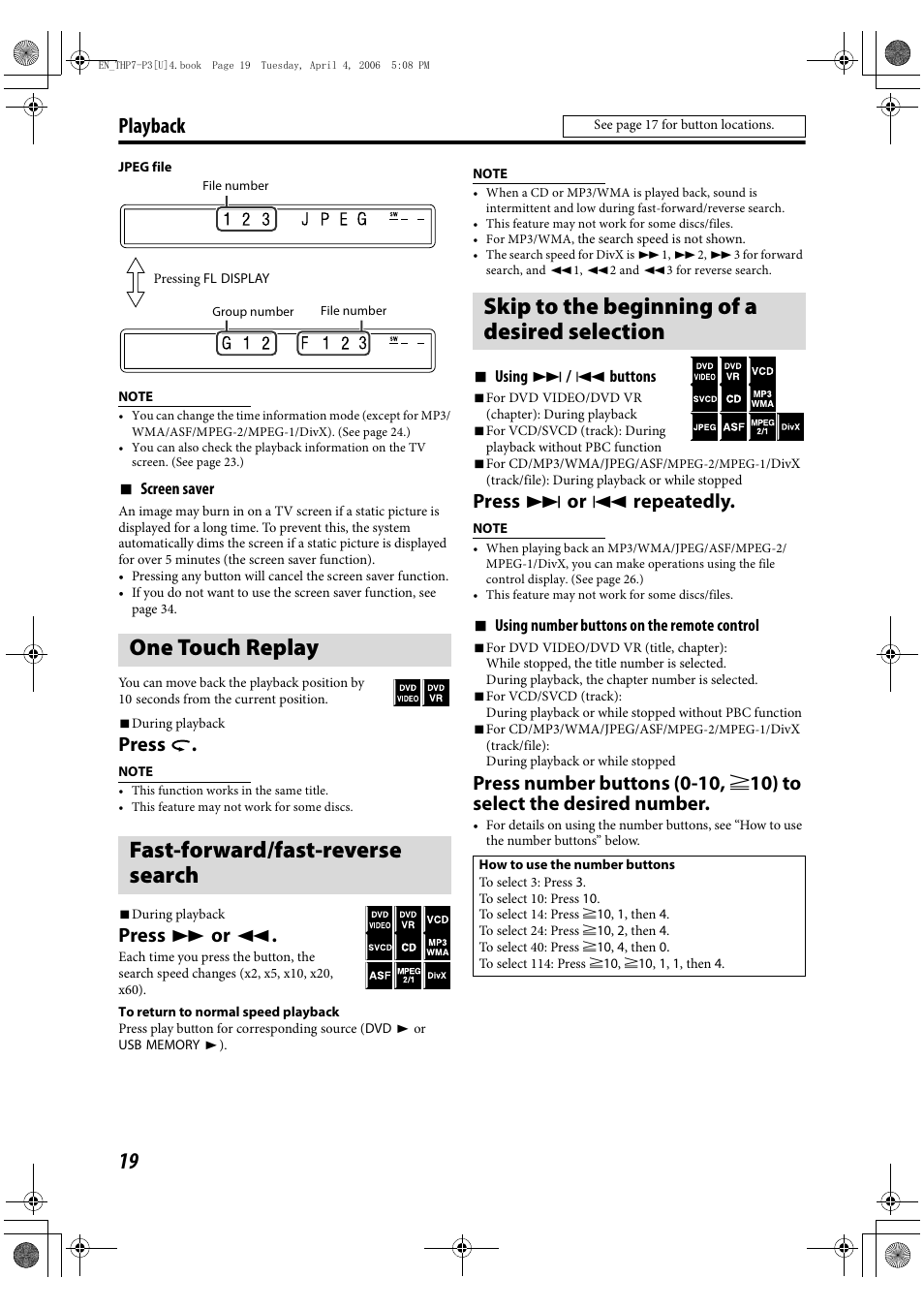 One touch replay, Fast-forward/fast-reverse search, Skip to the beginning of desired selection | One touch replay fast-forward/fast-reverse search, Skip to the beginning of a desired selection, Playback, Press, Press y or 1, Press x or 4 repeatedly | JVC TH-G10 User Manual | Page 22 / 44