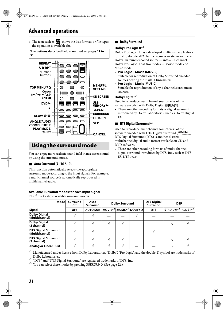 Advanced operations, Using the surround mode | JVC TH-G10 User Manual | Page 24 / 44