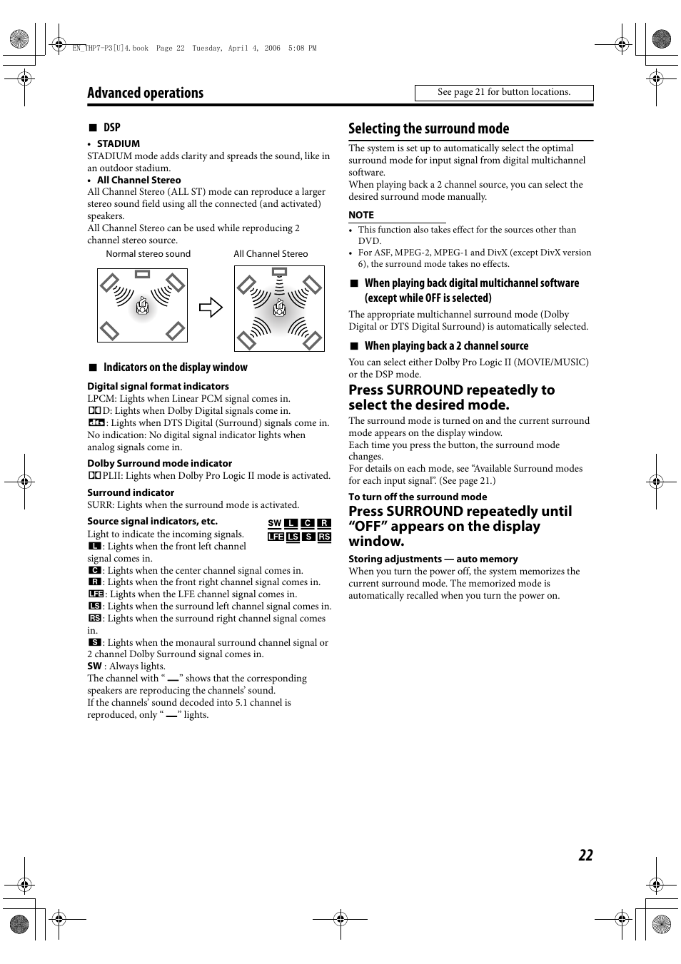 Selecting the surround mode, Advanced operations | JVC TH-G10 User Manual | Page 25 / 44